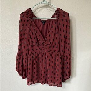 AUW Red and Black Long Sleeve Ruched Peplum Blouse